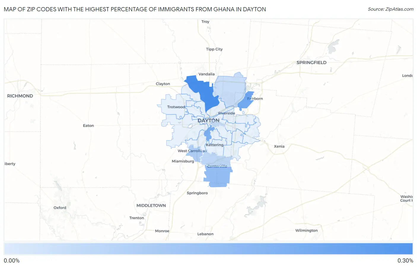 Zip Codes with the Highest Percentage of Immigrants from Ghana in Dayton Map