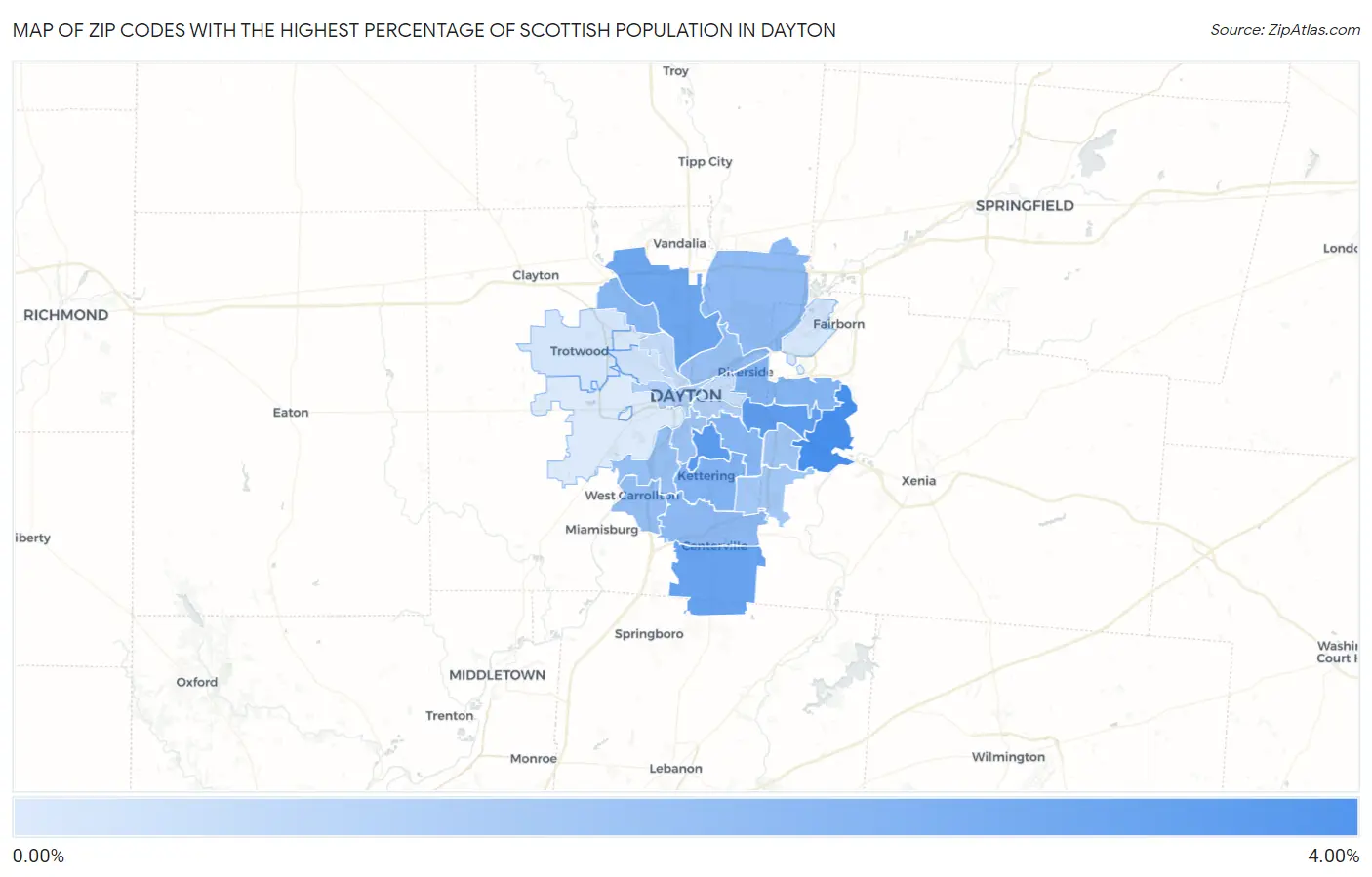 Zip Codes with the Highest Percentage of Scottish Population in Dayton Map