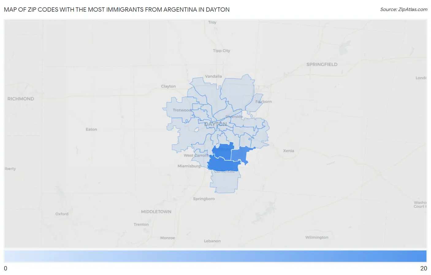 Zip Codes with the Most Immigrants from Argentina in Dayton Map