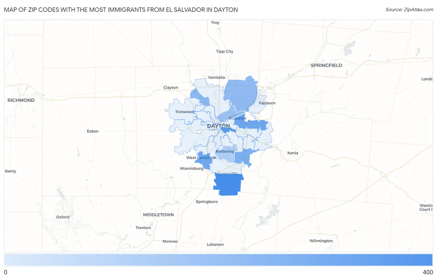 Zip Codes with the Most Immigrants from El Salvador in Dayton Map
