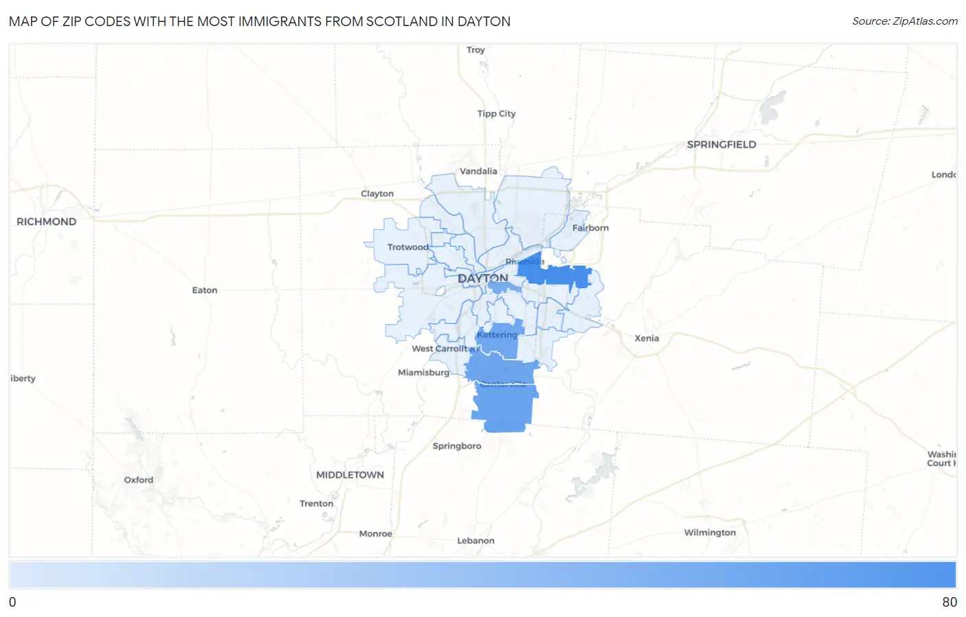 Zip Codes with the Most Immigrants from Scotland in Dayton Map