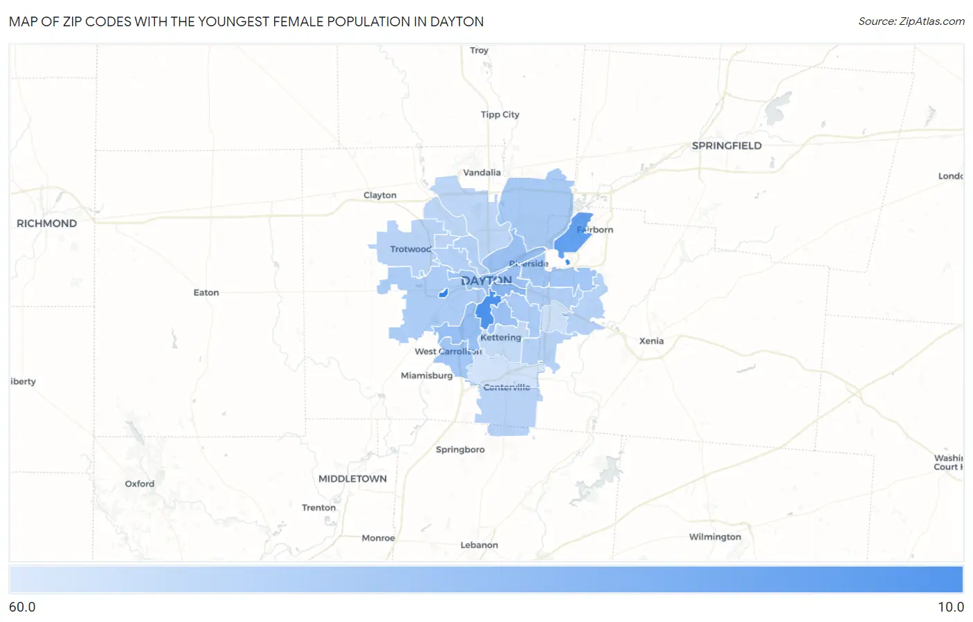 Zip Codes with the Youngest Female Population in Dayton Map