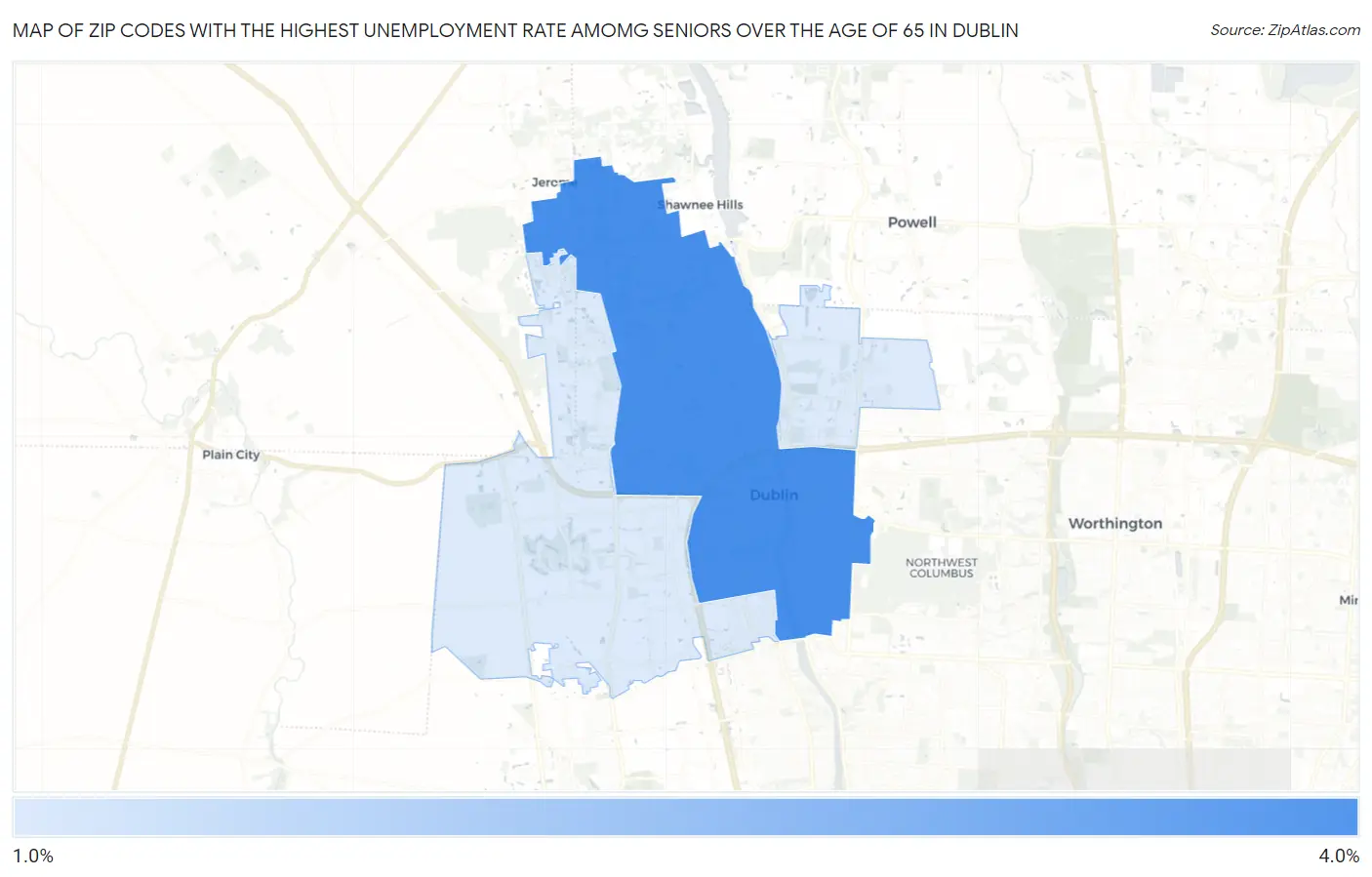 Zip Codes with the Highest Unemployment Rate Amomg Seniors Over the Age of 65 in Dublin Map
