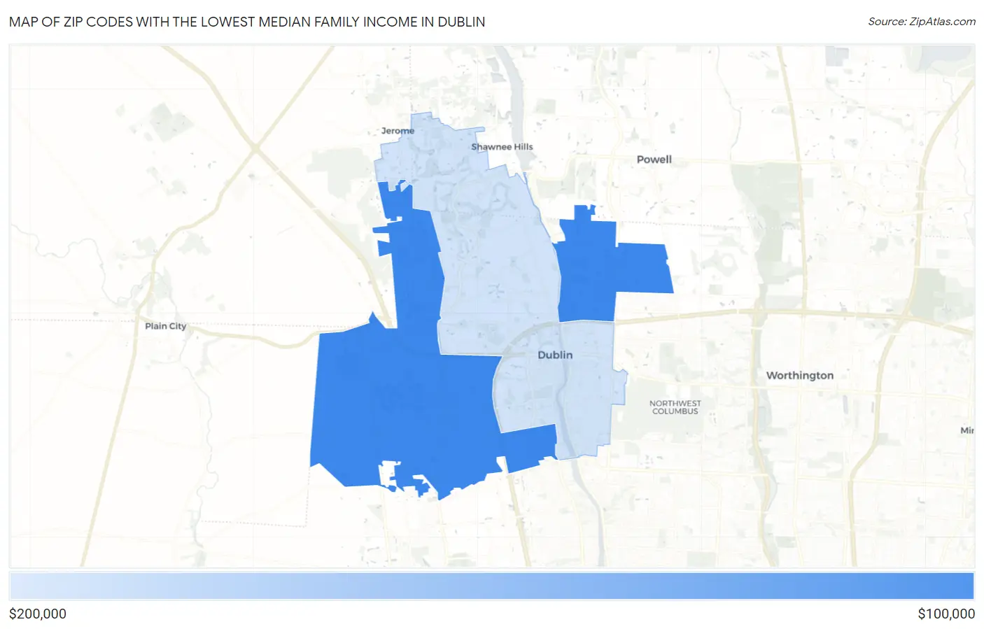 Zip Codes with the Lowest Median Family Income in Dublin Map
