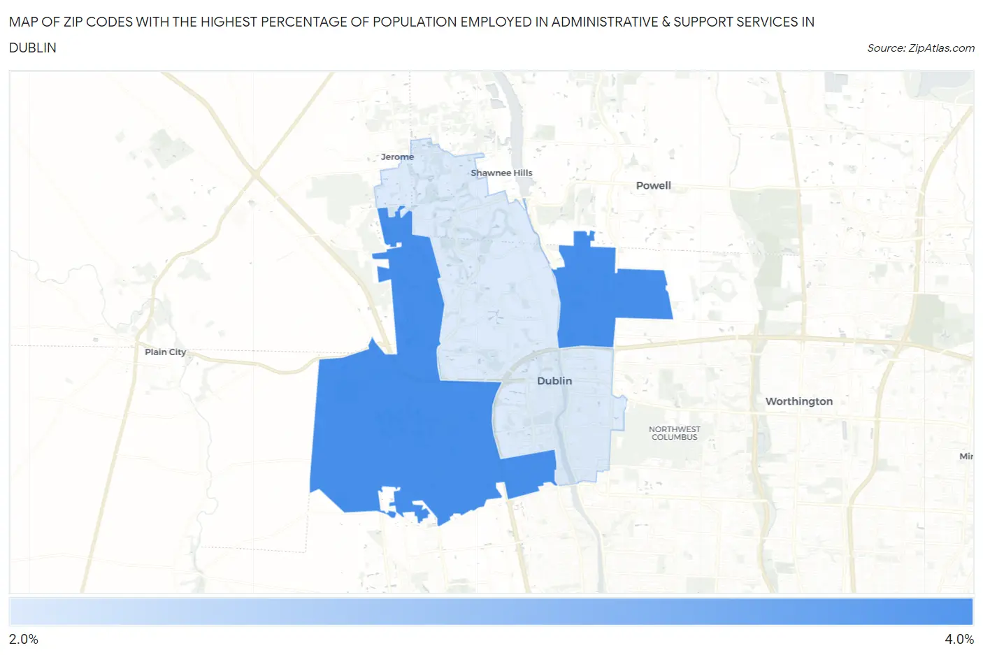 Zip Codes with the Highest Percentage of Population Employed in Administrative & Support Services in Dublin Map