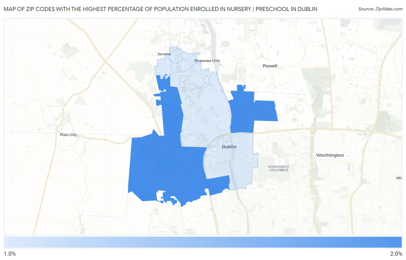 Zip Codes with the Highest Percentage of Population Enrolled in Nursery / Preschool in Dublin Map