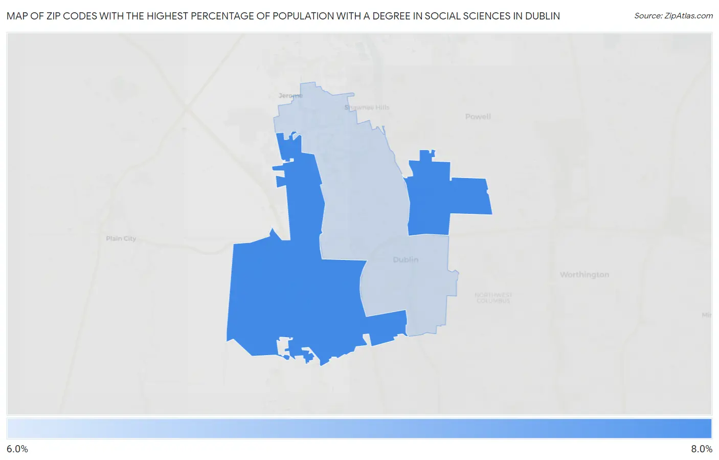 Zip Codes with the Highest Percentage of Population with a Degree in Social Sciences in Dublin Map