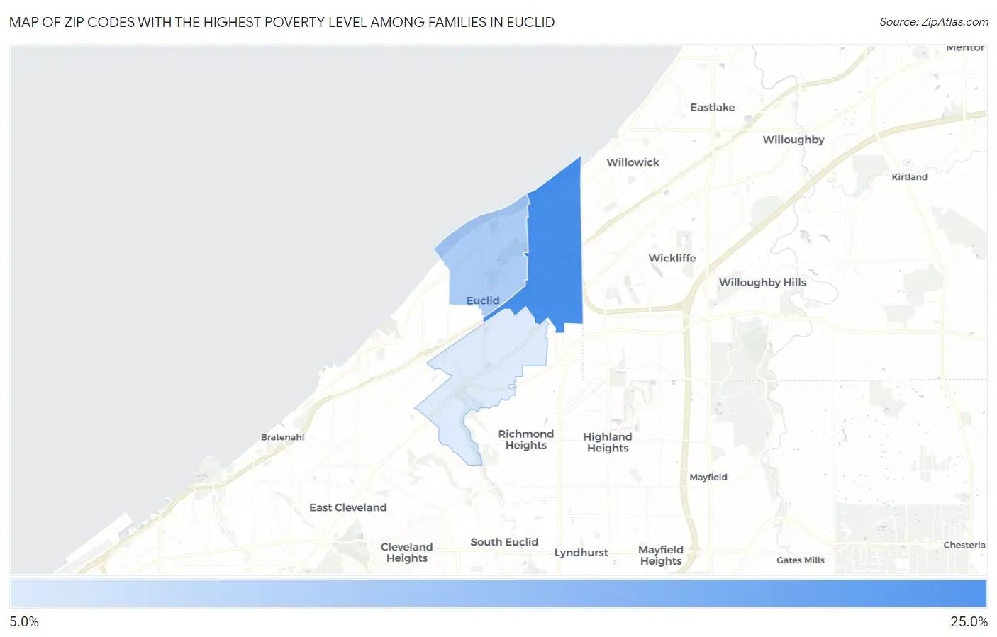 Zip Codes with the Highest Poverty Level Among Families in Euclid Map
