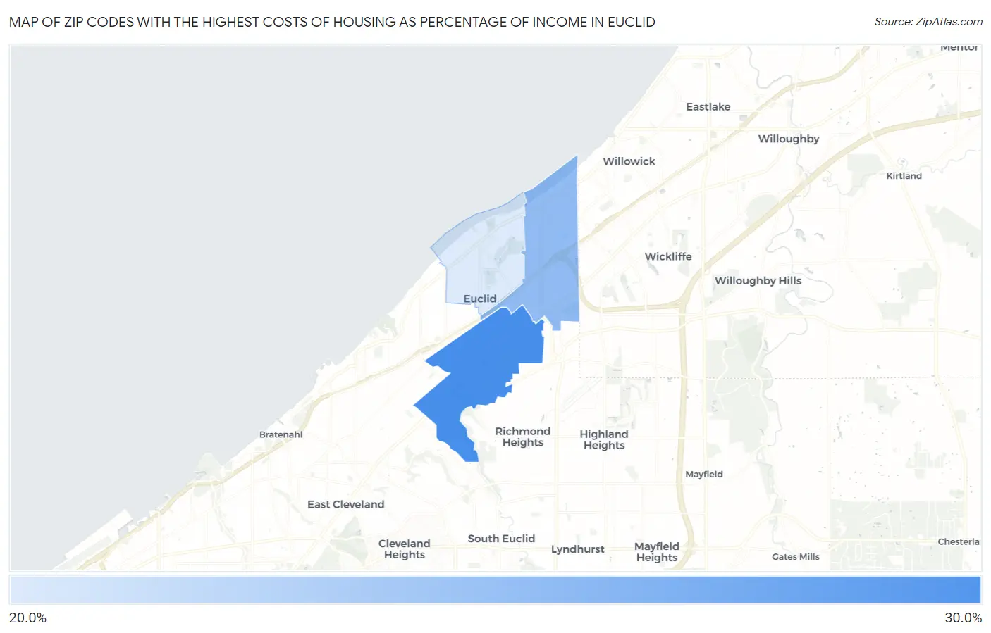 Zip Codes with the Highest Costs of Housing as Percentage of Income in Euclid Map