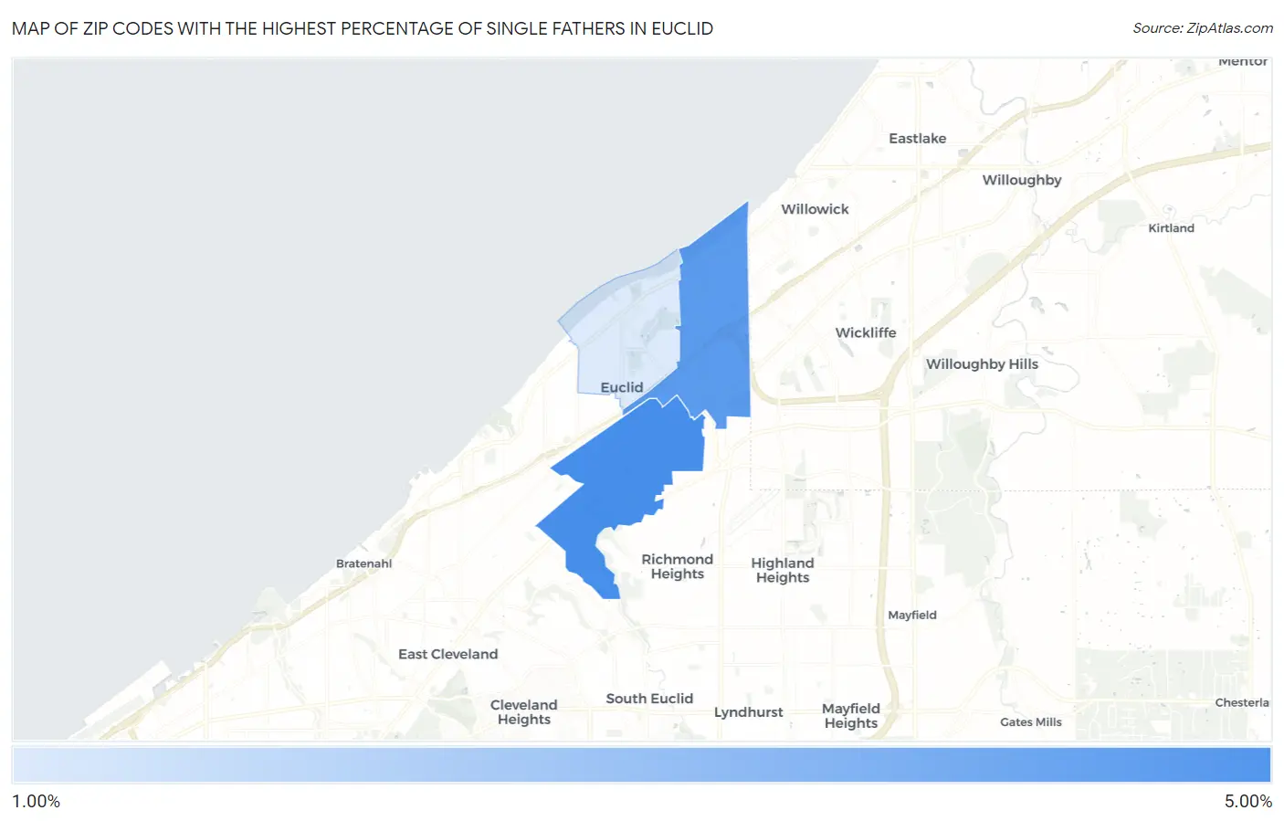 Zip Codes with the Highest Percentage of Single Fathers in Euclid Map