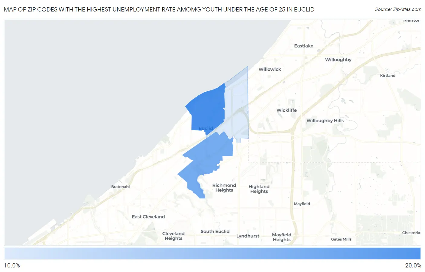 Zip Codes with the Highest Unemployment Rate Amomg Youth Under the Age of 25 in Euclid Map