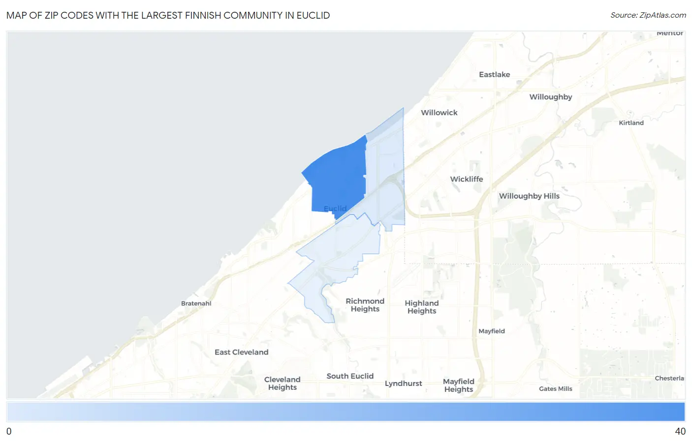 Zip Codes with the Largest Finnish Community in Euclid Map