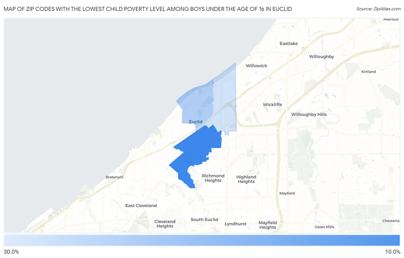 Zip Codes with the Lowest Child Poverty Level Among Boys Under the Age of 16 in Euclid Map