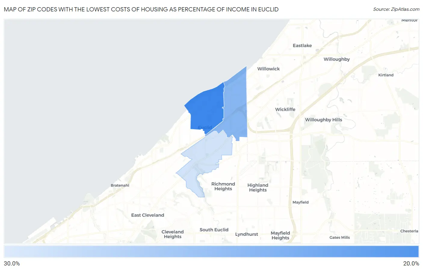 Zip Codes with the Lowest Costs of Housing as Percentage of Income in Euclid Map