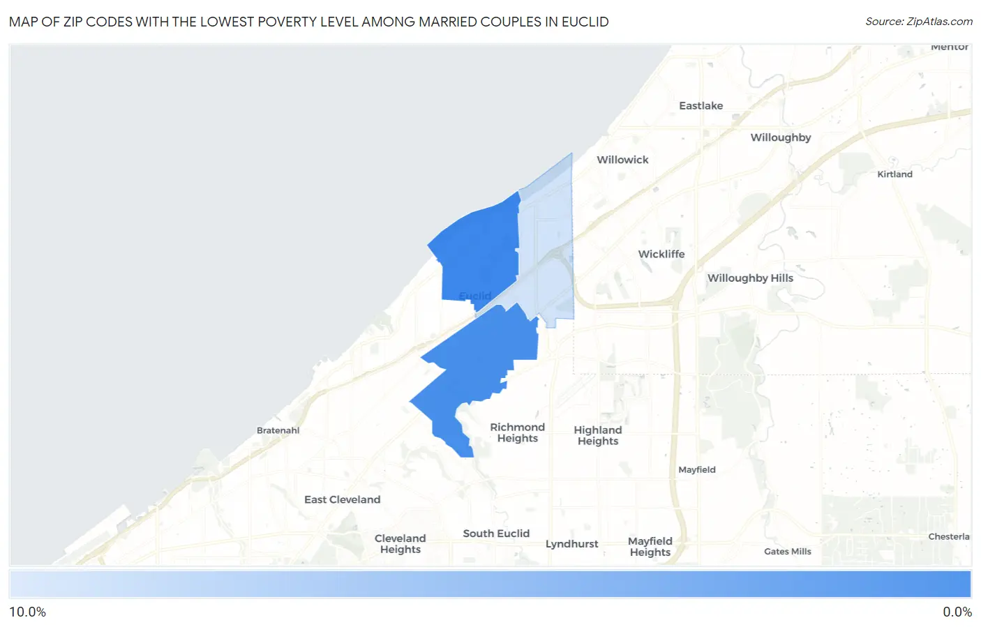 Zip Codes with the Lowest Poverty Level Among Married Couples in Euclid Map