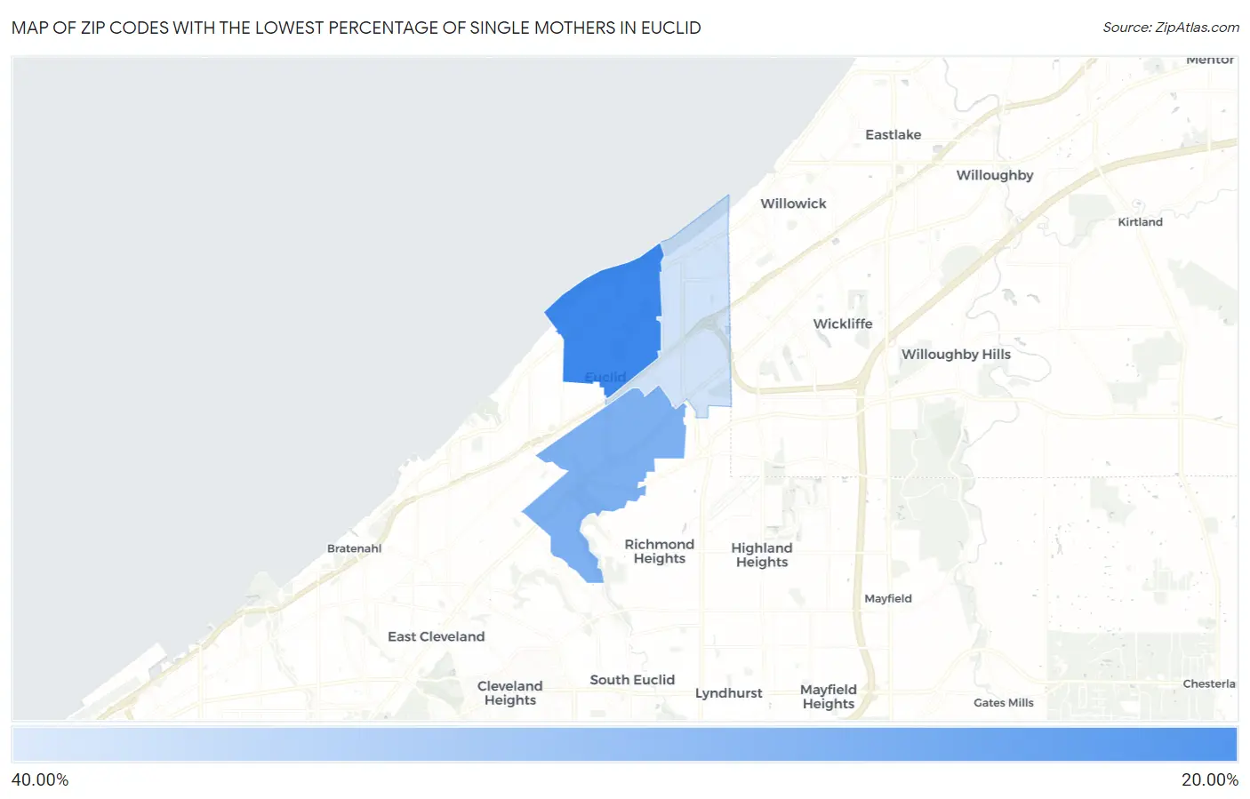 Zip Codes with the Lowest Percentage of Single Mothers in Euclid Map
