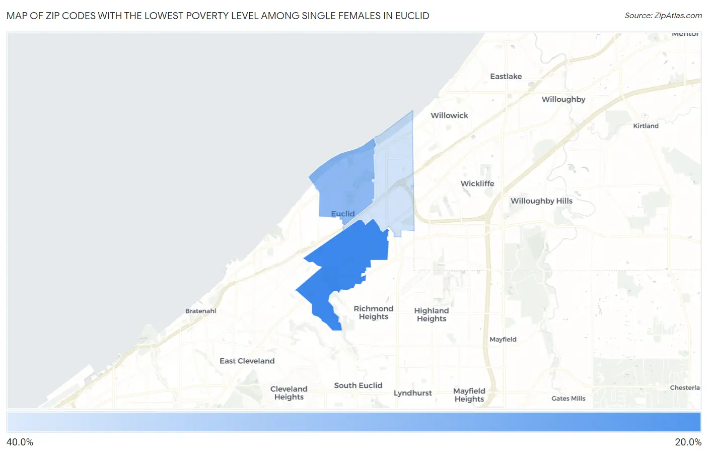 Zip Codes with the Lowest Poverty Level Among Single Females in Euclid Map