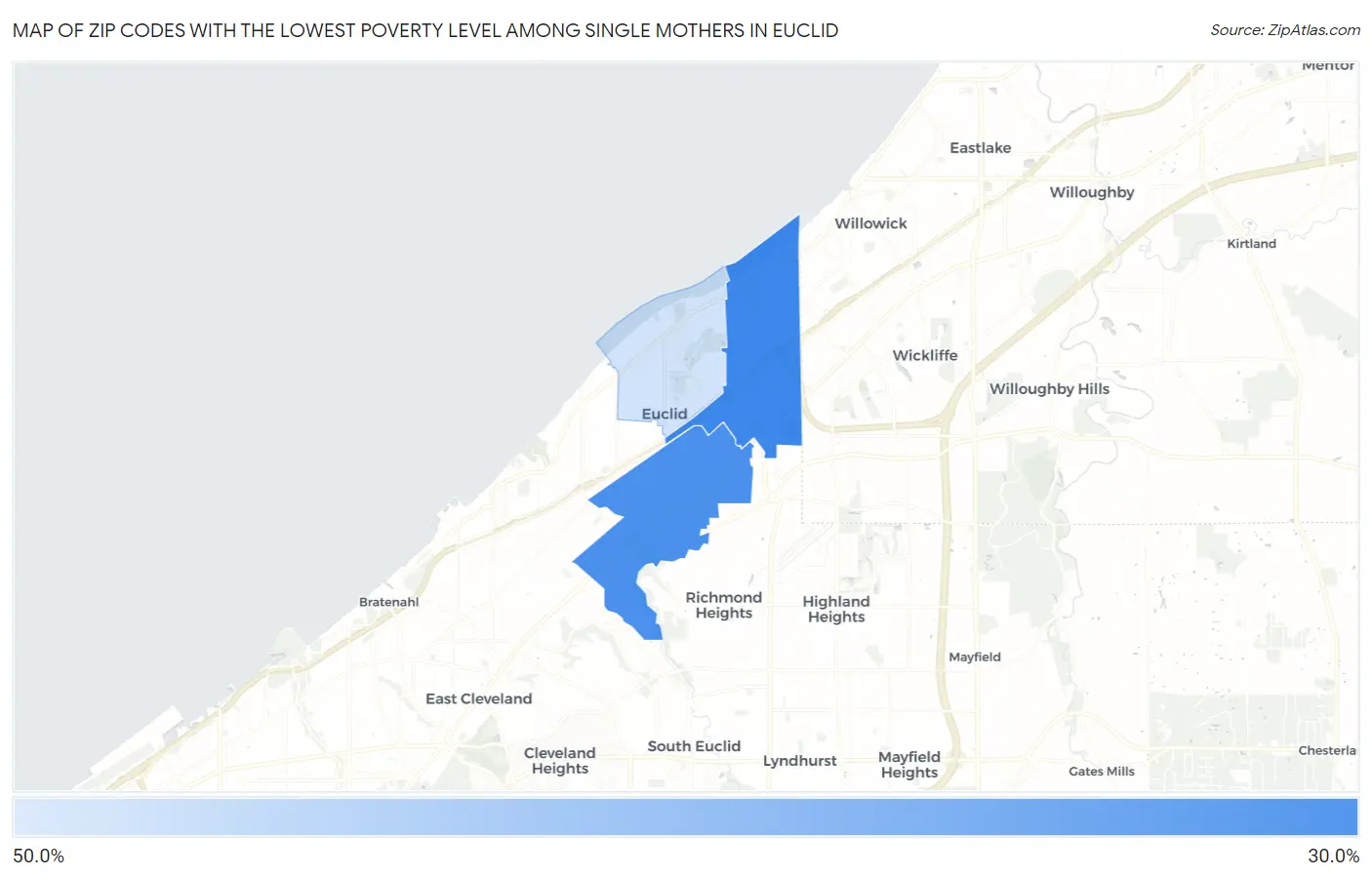 Zip Codes with the Lowest Poverty Level Among Single Mothers in Euclid Map