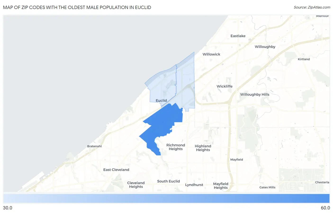 Zip Codes with the Oldest Male Population in Euclid Map