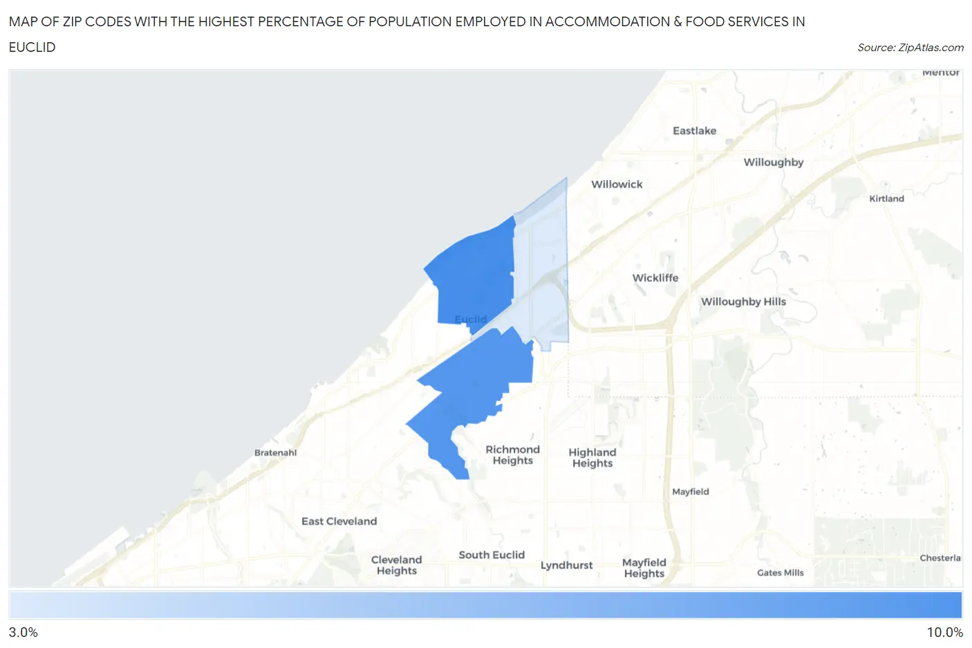 Zip Codes with the Highest Percentage of Population Employed in Accommodation & Food Services in Euclid Map