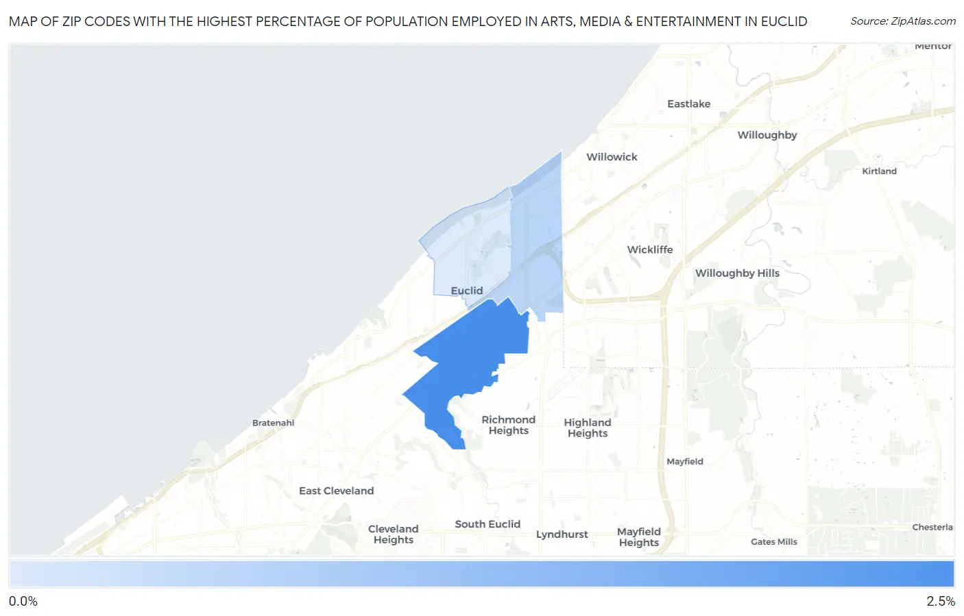 Zip Codes with the Highest Percentage of Population Employed in Arts, Media & Entertainment in Euclid Map