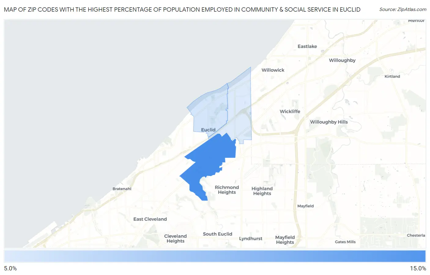 Zip Codes with the Highest Percentage of Population Employed in Community & Social Service  in Euclid Map