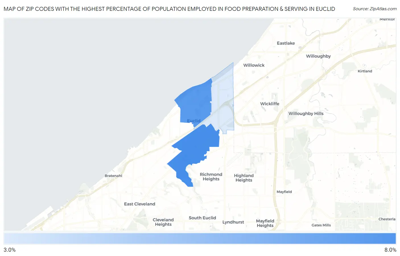 Zip Codes with the Highest Percentage of Population Employed in Food Preparation & Serving in Euclid Map