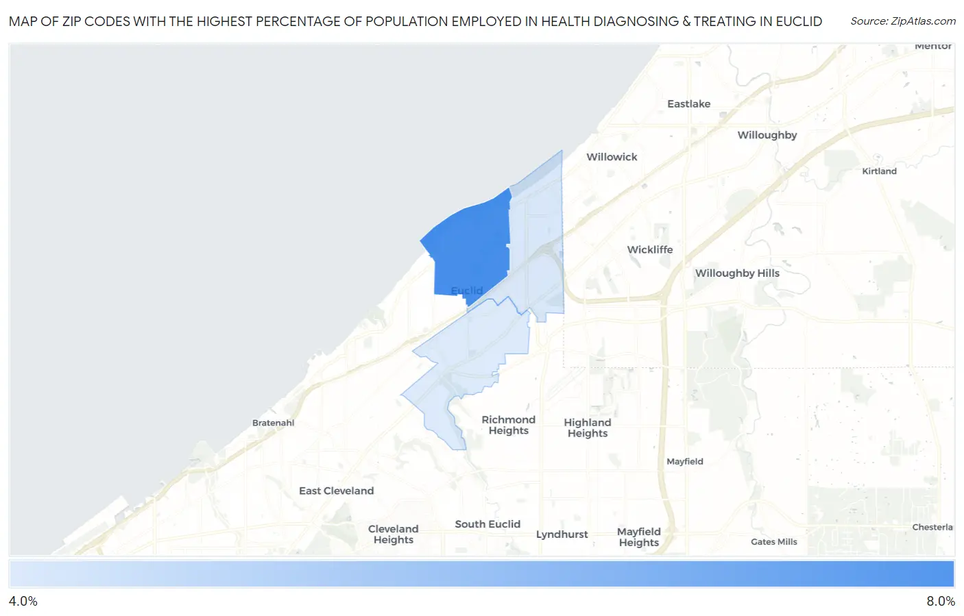 Zip Codes with the Highest Percentage of Population Employed in Health Diagnosing & Treating in Euclid Map