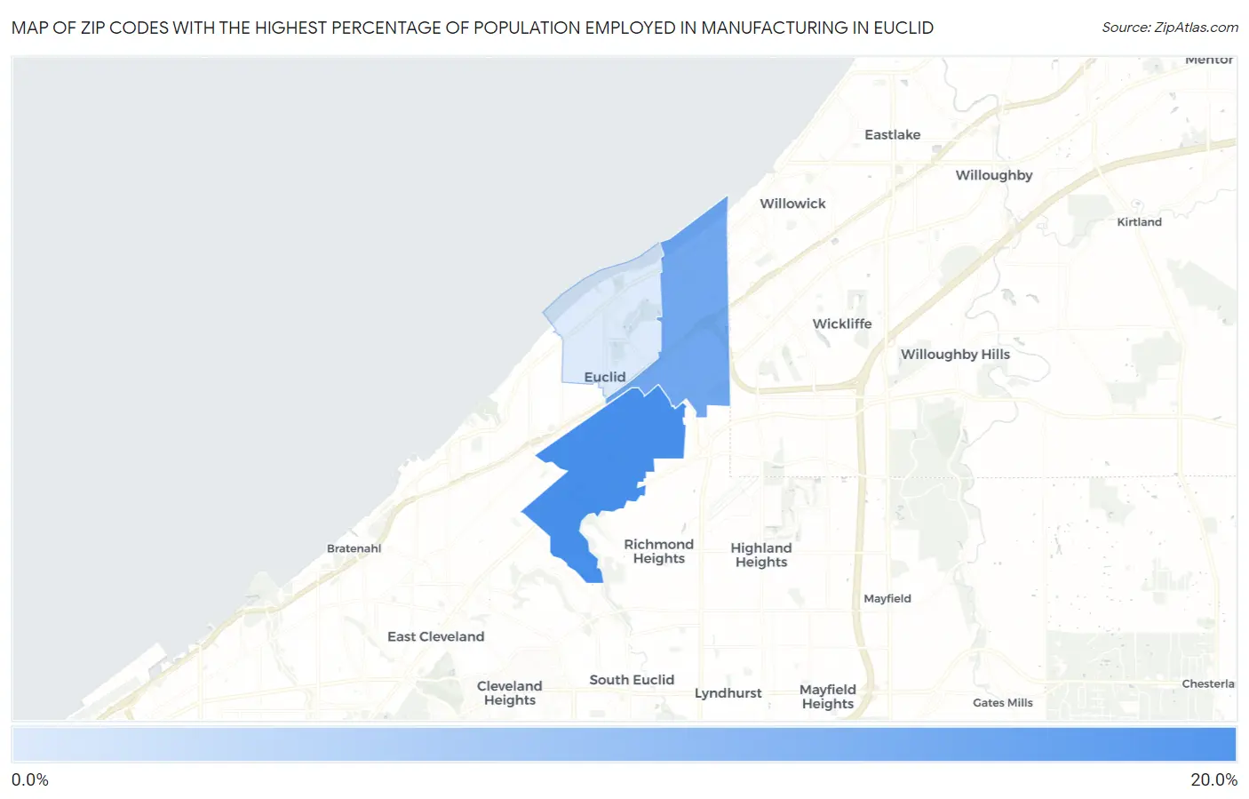 Zip Codes with the Highest Percentage of Population Employed in Manufacturing in Euclid Map