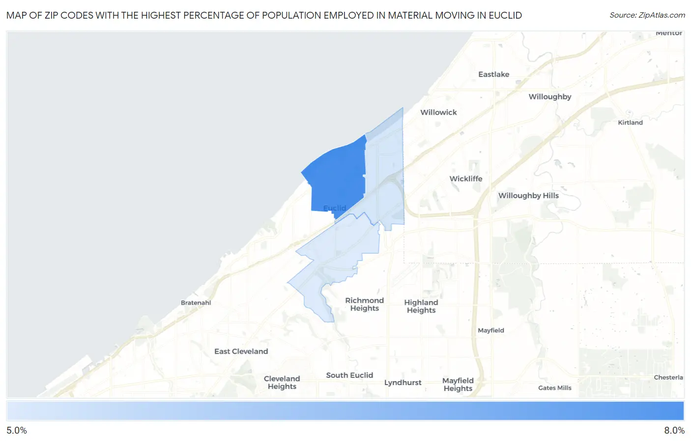 Zip Codes with the Highest Percentage of Population Employed in Material Moving in Euclid Map