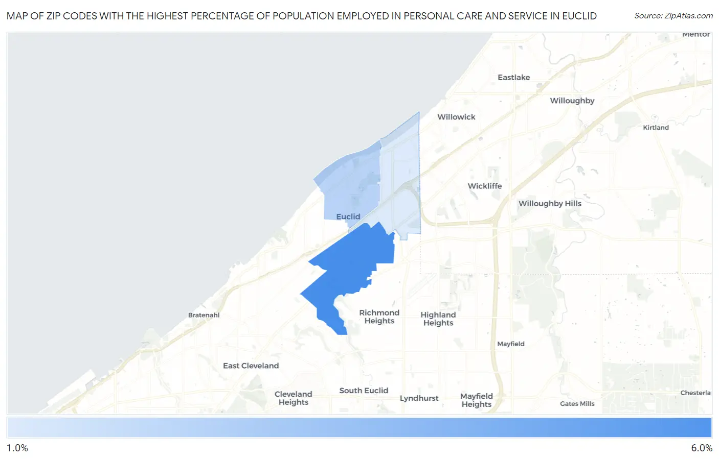 Zip Codes with the Highest Percentage of Population Employed in Personal Care and Service in Euclid Map