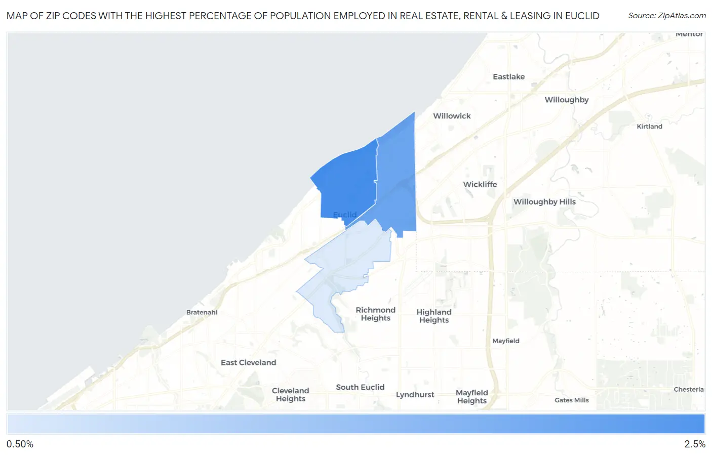 Zip Codes with the Highest Percentage of Population Employed in Real Estate, Rental & Leasing in Euclid Map