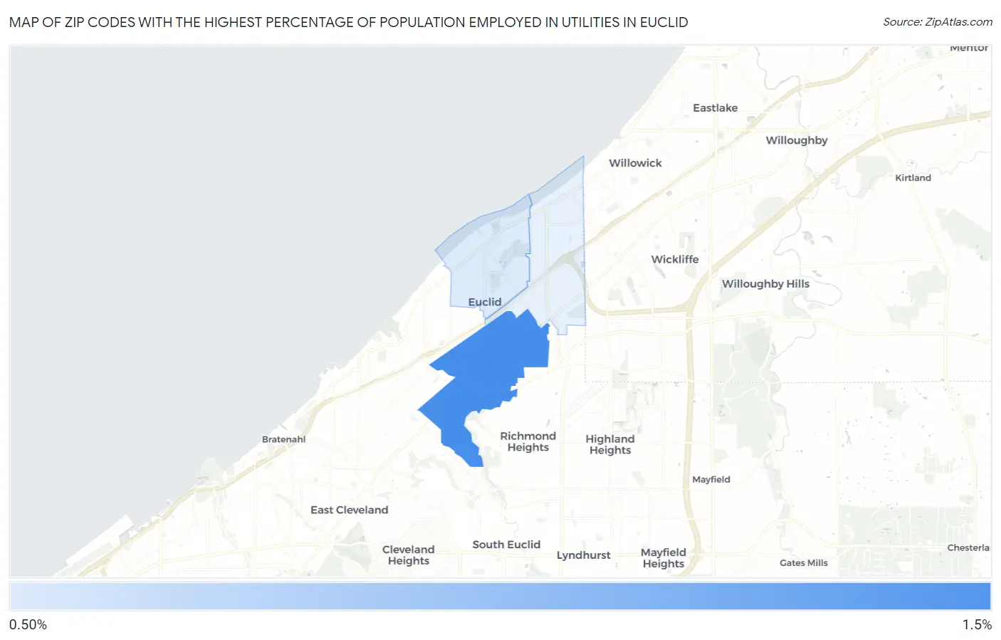 Zip Codes with the Highest Percentage of Population Employed in Utilities in Euclid Map