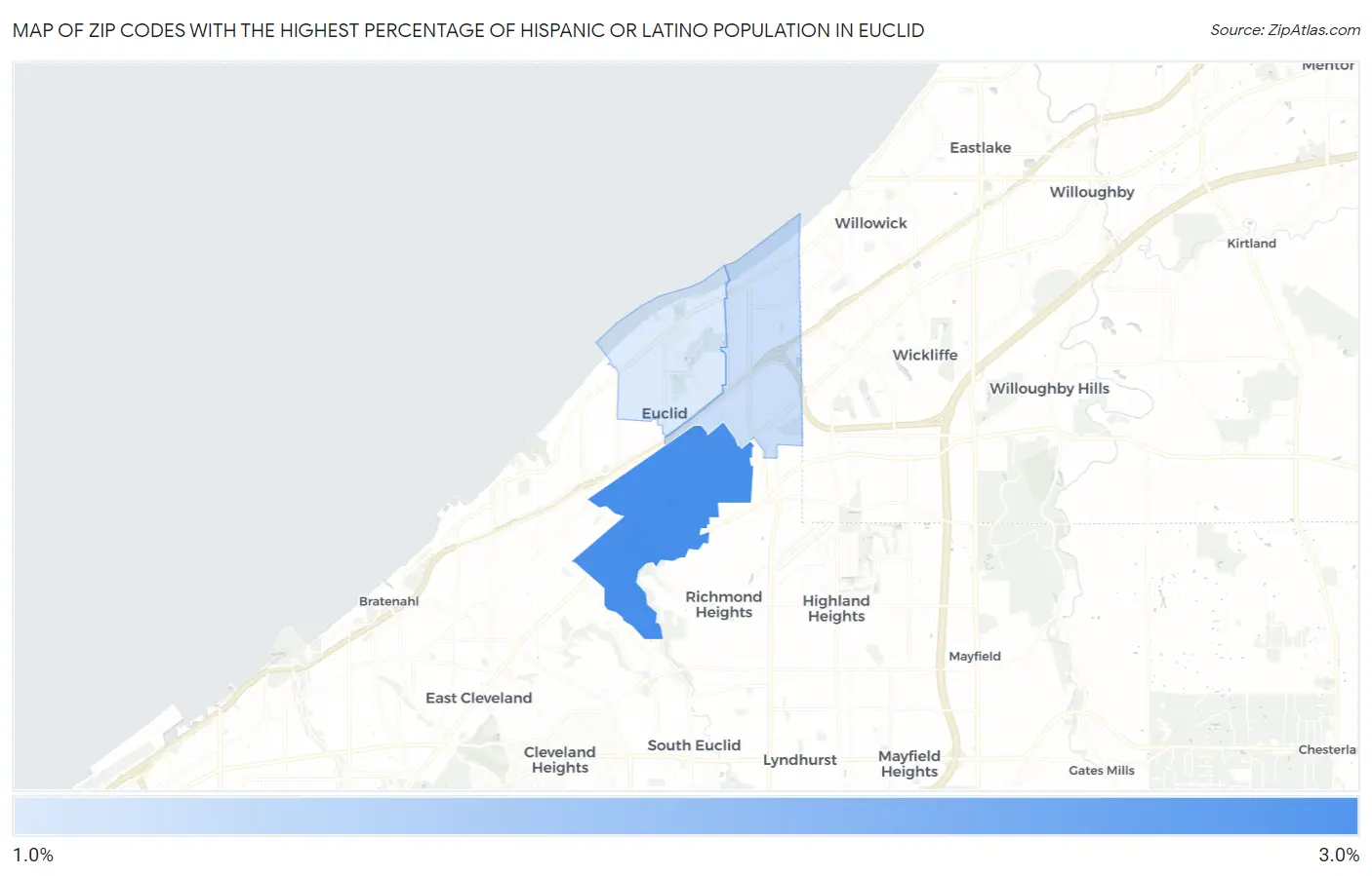 Zip Codes with the Highest Percentage of Hispanic or Latino Population in Euclid Map