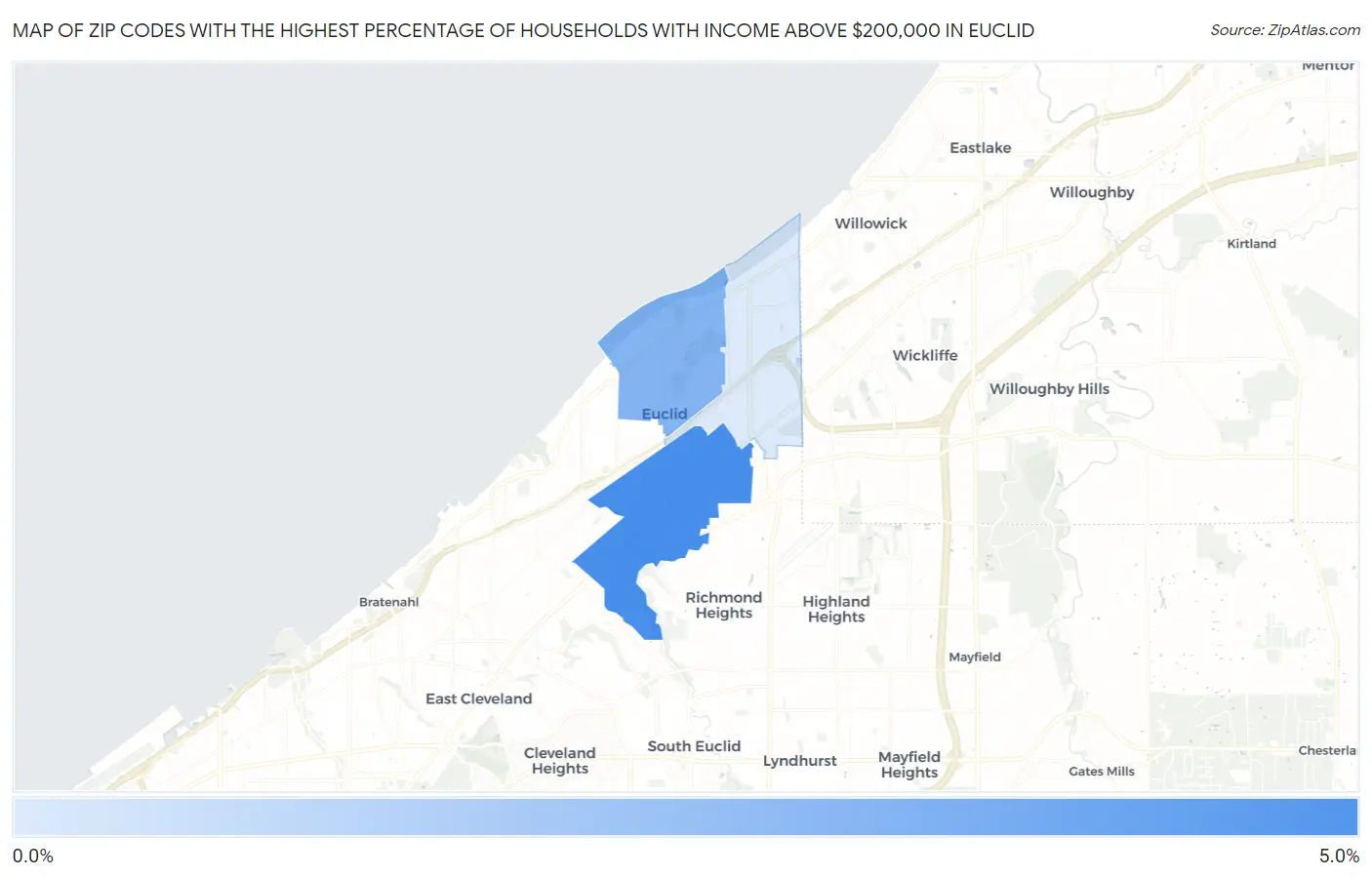 Zip Codes with the Highest Percentage of Households with Income Above $200,000 in Euclid Map