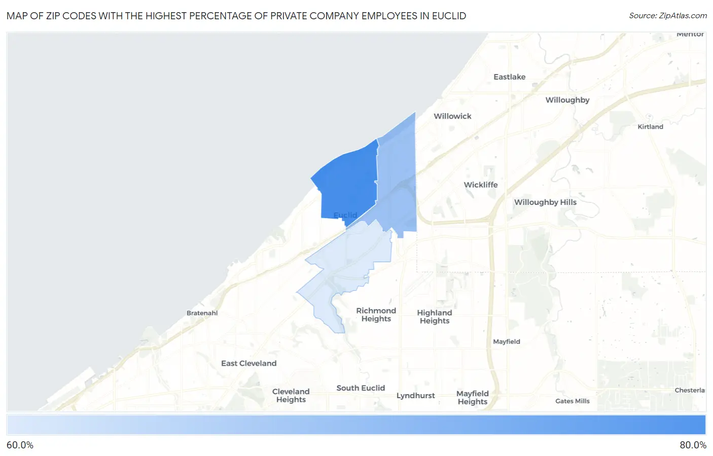 Zip Codes with the Highest Percentage of Private Company Employees in Euclid Map
