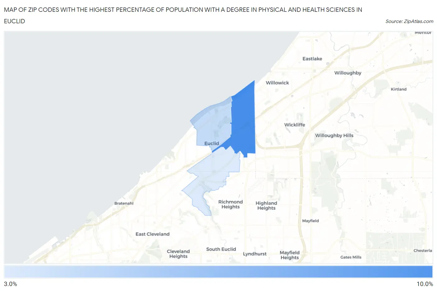 Zip Codes with the Highest Percentage of Population with a Degree in Physical and Health Sciences in Euclid Map