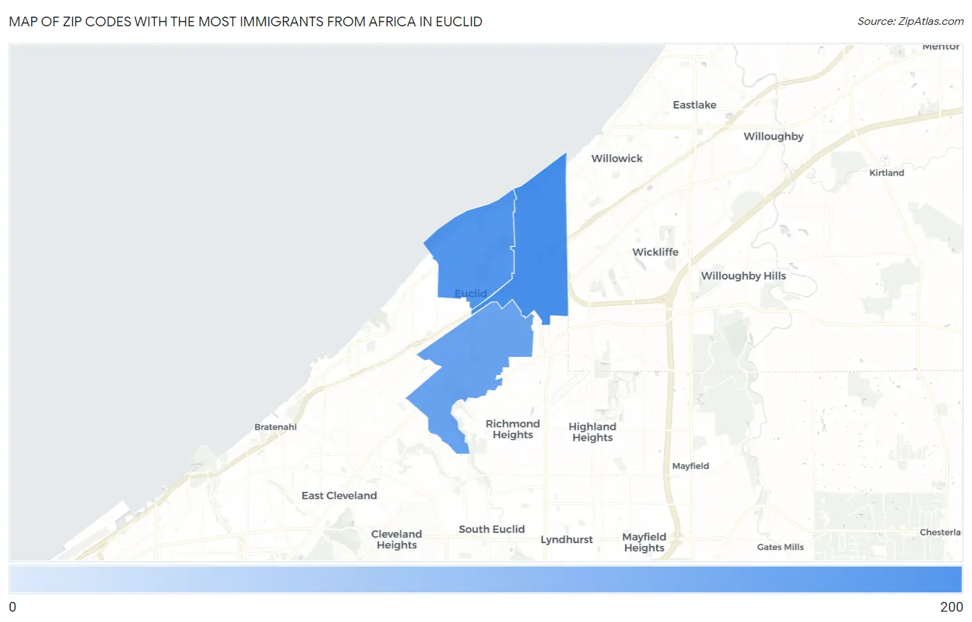 Zip Codes with the Most Immigrants from Africa in Euclid Map