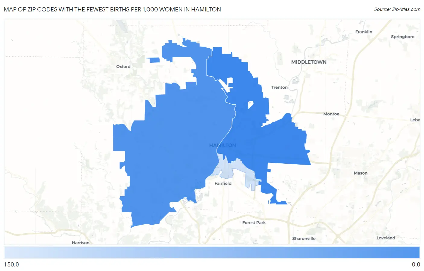 Zip Codes with the Fewest Births per 1,000 Women in Hamilton Map