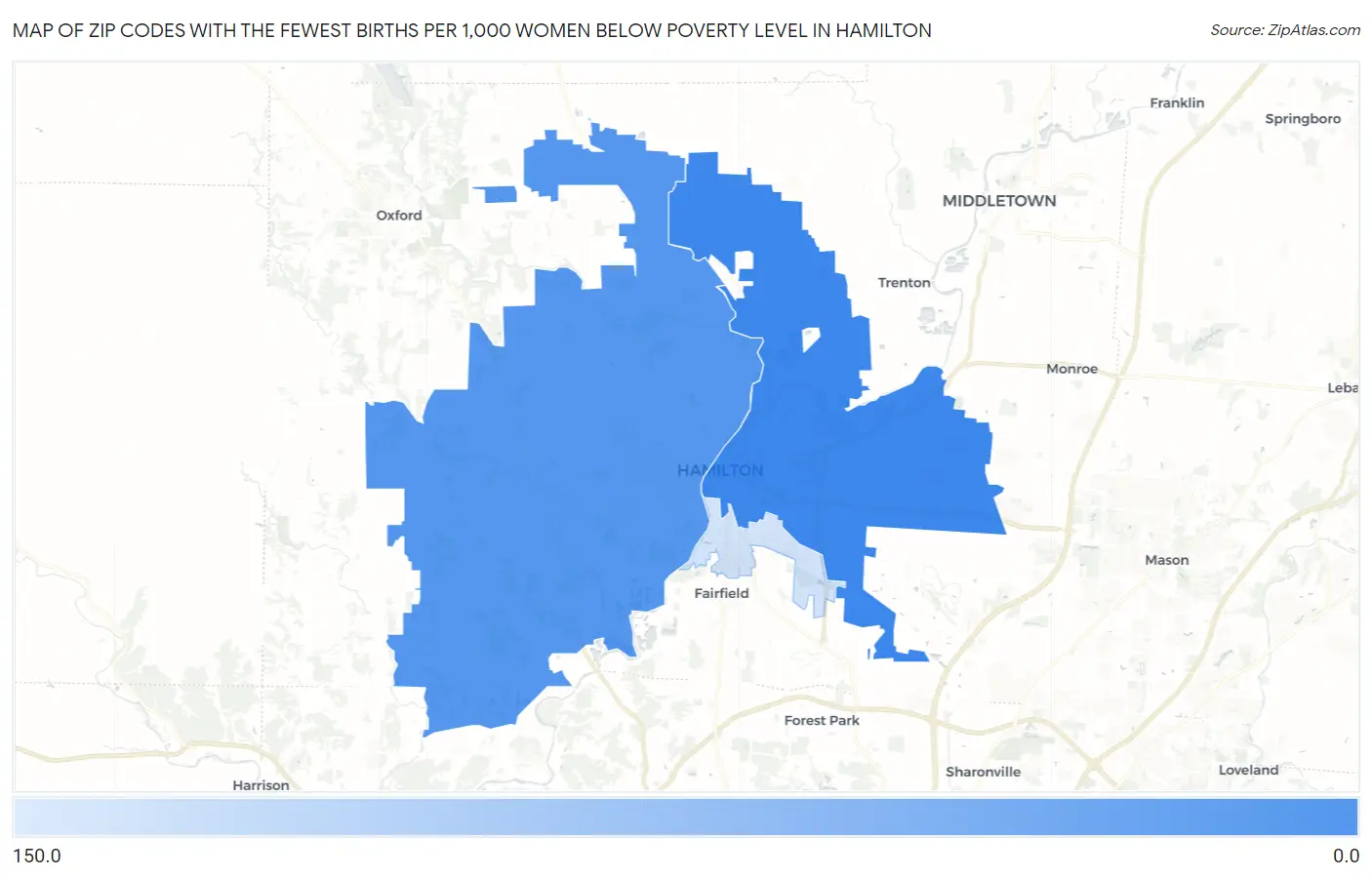 Zip Codes with the Fewest Births per 1,000 Women Below Poverty Level in Hamilton Map