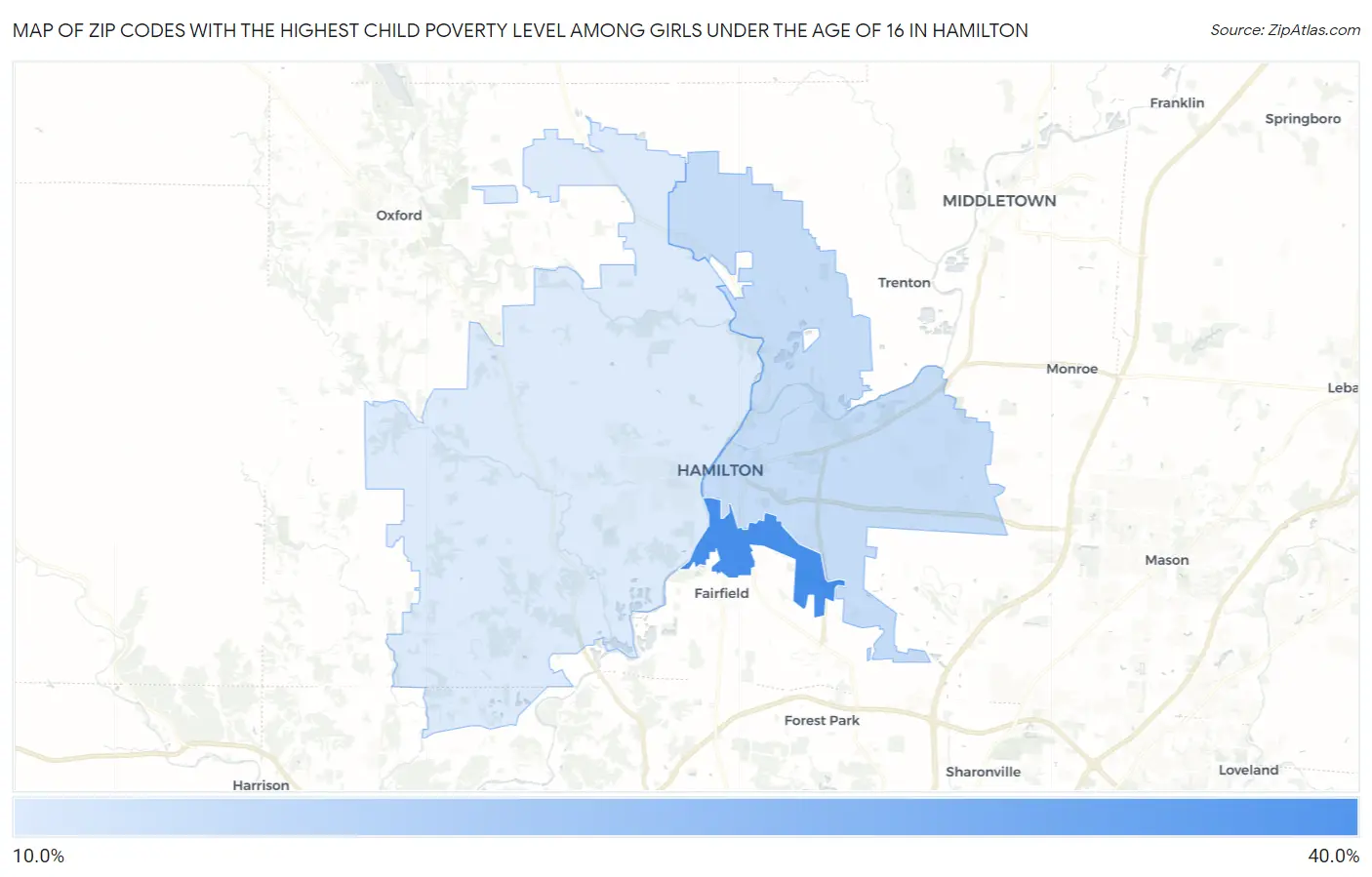 Zip Codes with the Highest Child Poverty Level Among Girls Under the Age of 16 in Hamilton Map