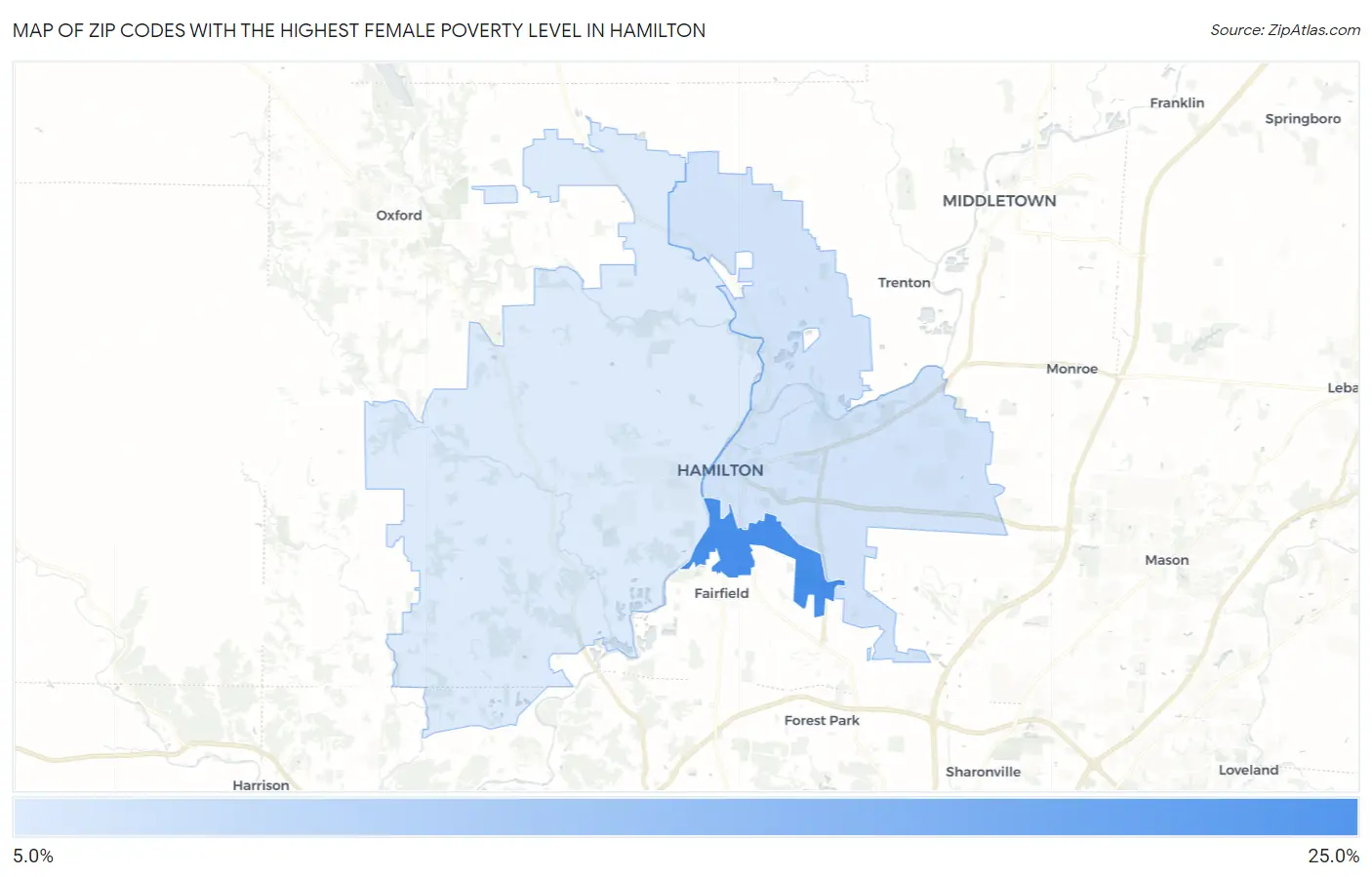 Zip Codes with the Highest Female Poverty Level in Hamilton Map