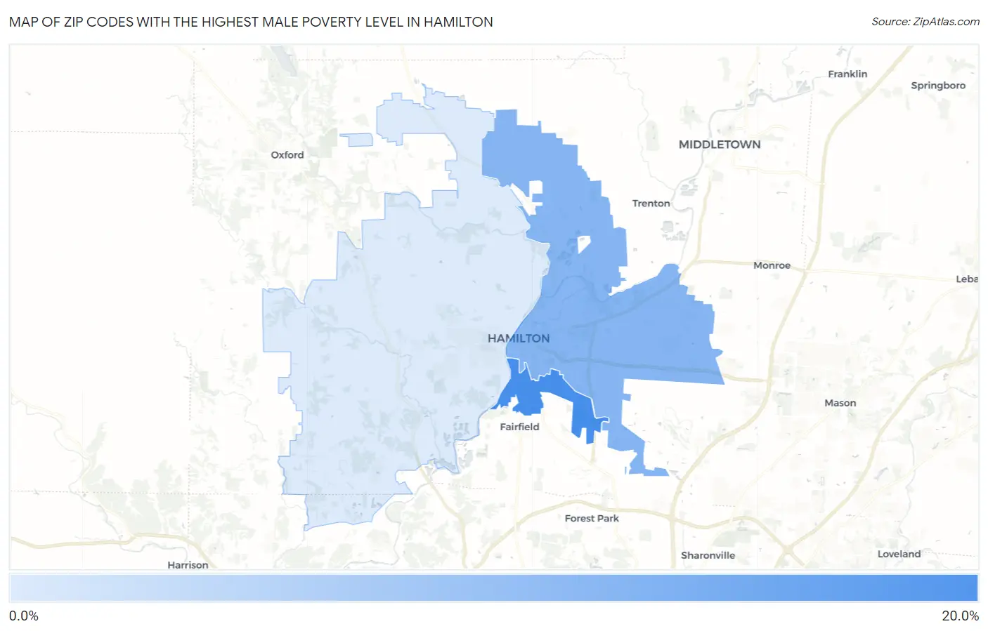 Zip Codes with the Highest Male Poverty Level in Hamilton Map