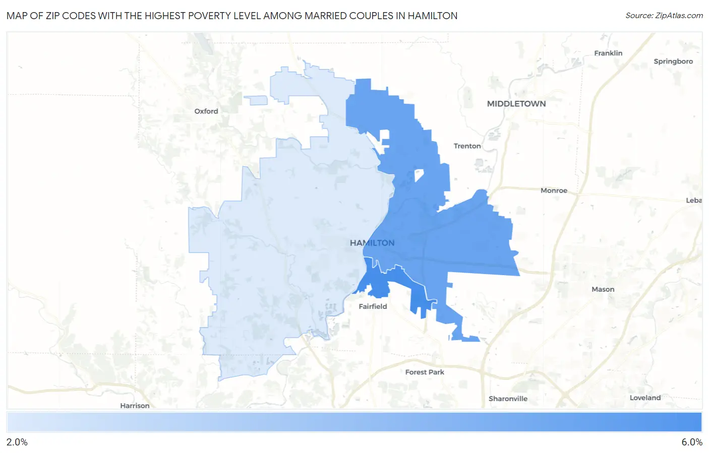 Zip Codes with the Highest Poverty Level Among Married Couples in Hamilton Map