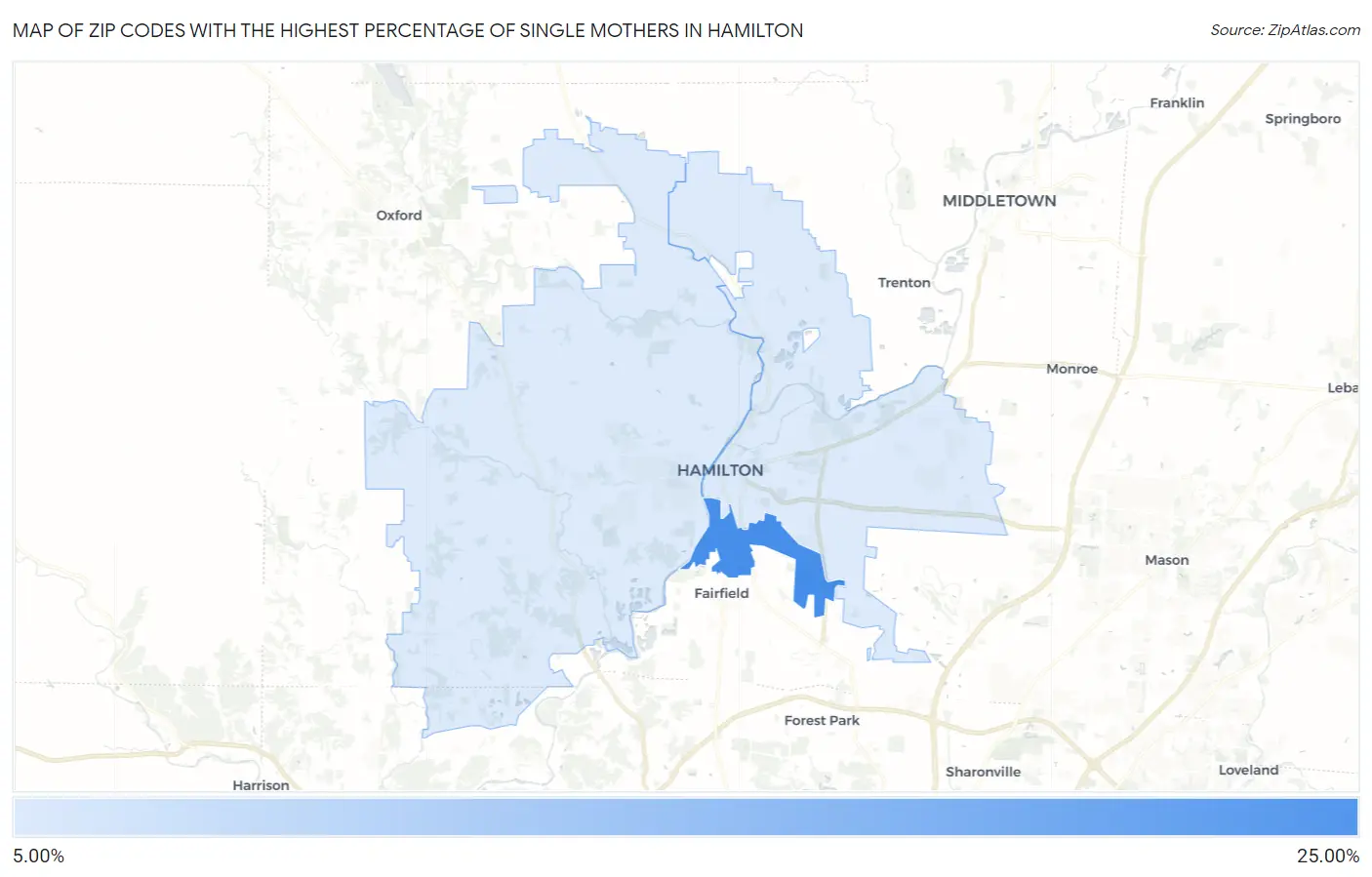 Zip Codes with the Highest Percentage of Single Mothers in Hamilton Map