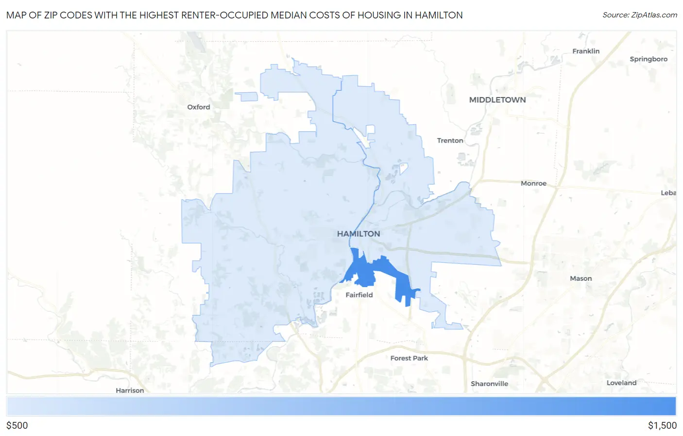 Zip Codes with the Highest Renter-Occupied Median Costs of Housing in Hamilton Map