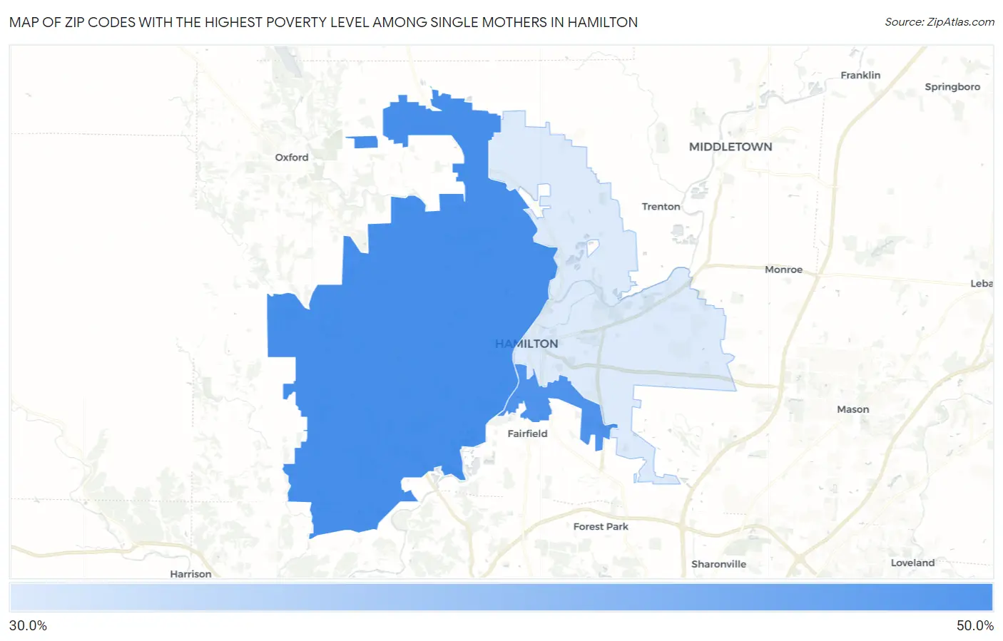 Zip Codes with the Highest Poverty Level Among Single Mothers in Hamilton Map