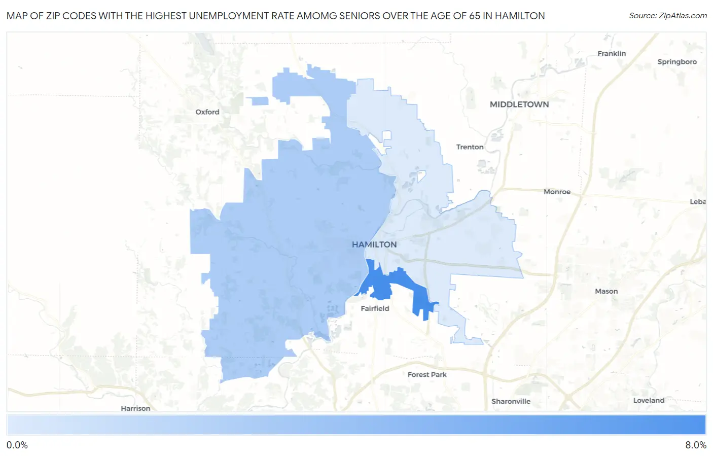 Zip Codes with the Highest Unemployment Rate Amomg Seniors Over the Age of 65 in Hamilton Map