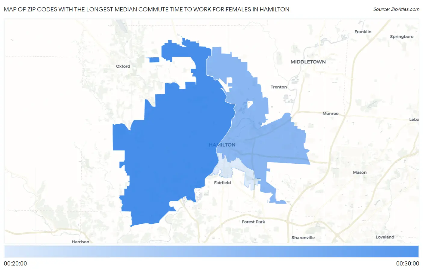 Zip Codes with the Longest Median Commute Time to Work for Females in Hamilton Map