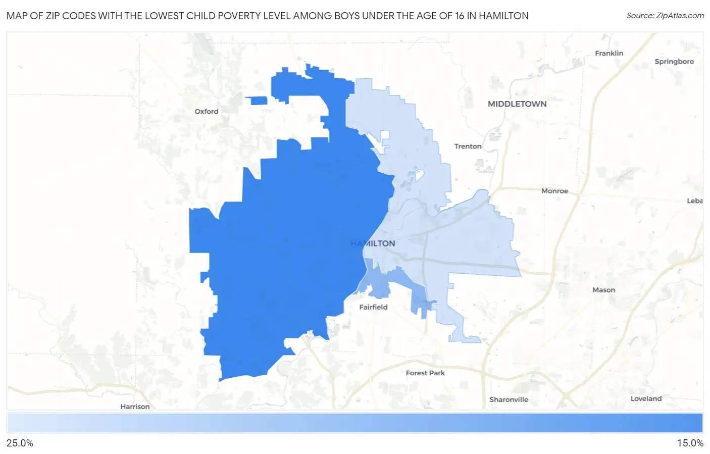 Zip Codes with the Lowest Child Poverty Level Among Boys Under the Age of 16 in Hamilton Map